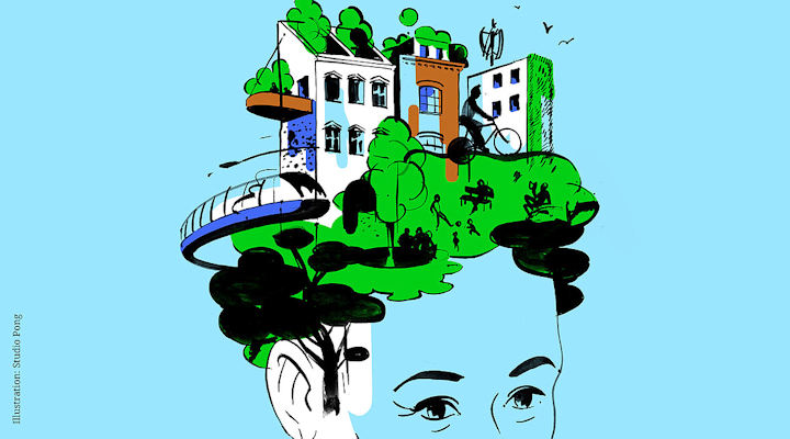 Skizze eines Kopfes, dessen Haare grün sind und in eine Stadtsilhouette übergehen (Bäume, Wiese, Zug, Radfahrer, Häuser - ebenfalls skizziert)